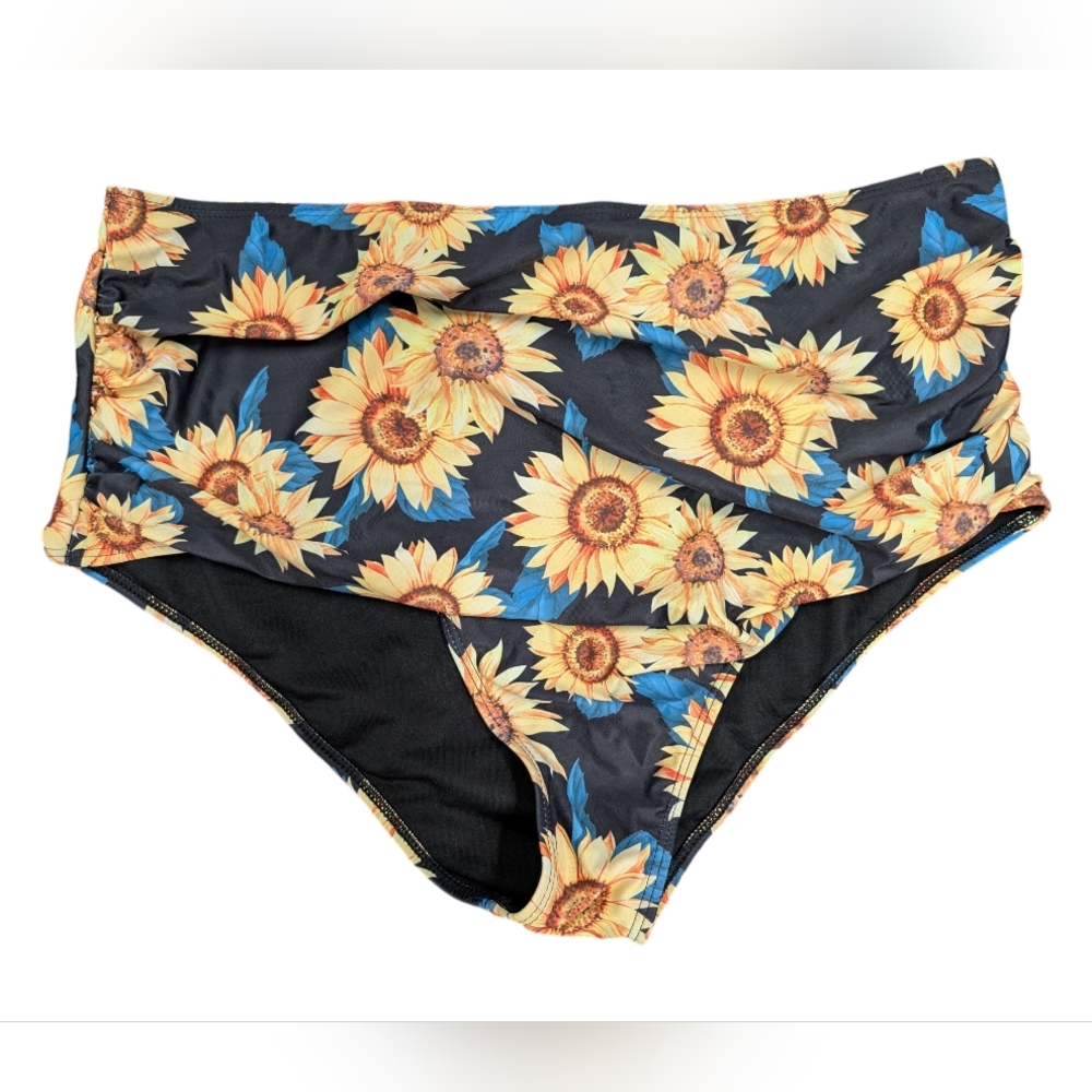 Sunflower Print High-Waisted Ruched Bikini Bottom 2XL